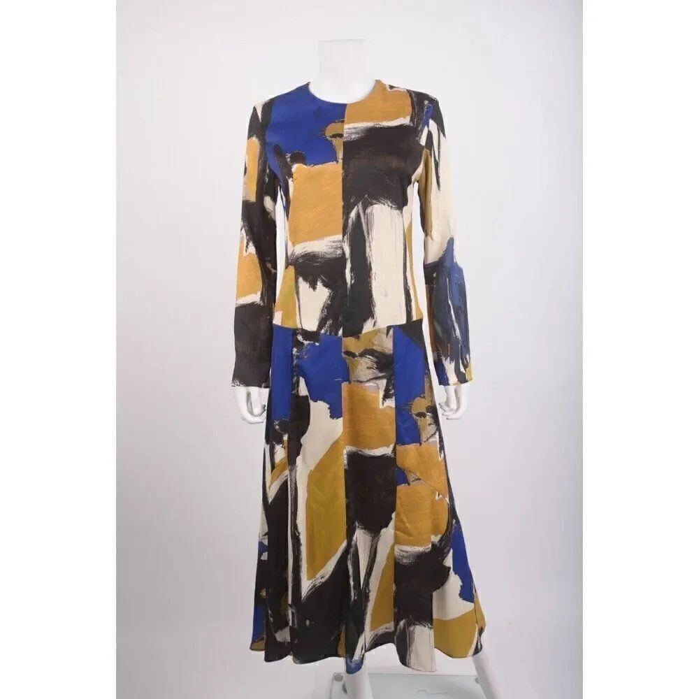 Zara Womens Printed Midi Dress A-line XS Blue Black Abstract 9107/390 NWD